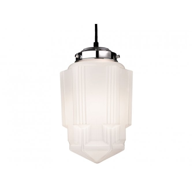 ART Deco Pantheon Ceiling Pendant Chrome with Opal White Glass