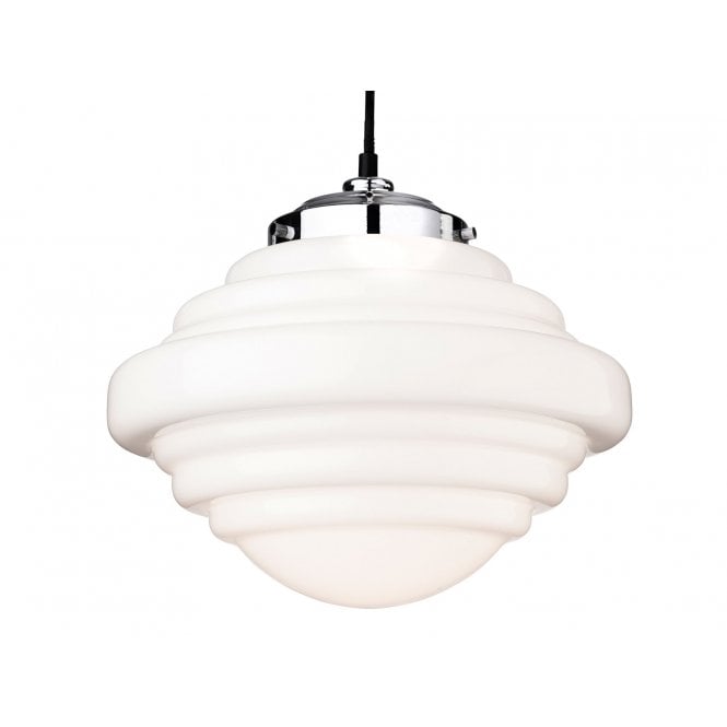 ART Deco Saturn Ceiling Pendant Chrome with Opal White Glass