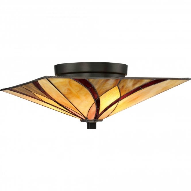 ASHEVILLE Tiffany flush ceiling light with bronze fixing and amber and red art glass shade