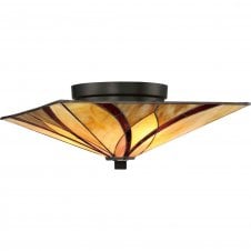 ASHEVILLE Tiffany flush ceiling light with bronze fixing and amber and red art glass shade