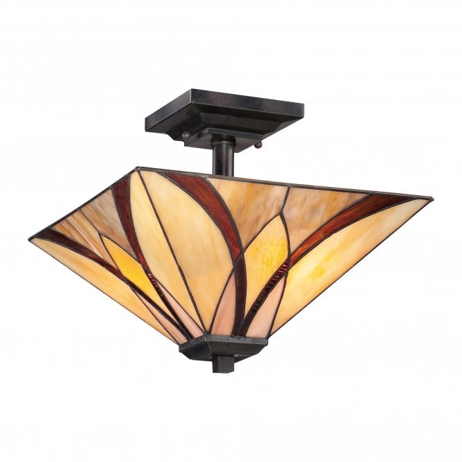 ASHEVILLE Tiffany semi flush ceiling light with bronze fixing and amber and red art glass shade