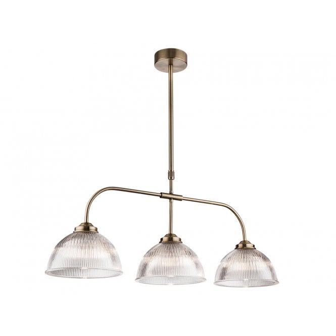 ASHFORD 3 Light Pendant Antique Brass with Clear Ribbed Glass