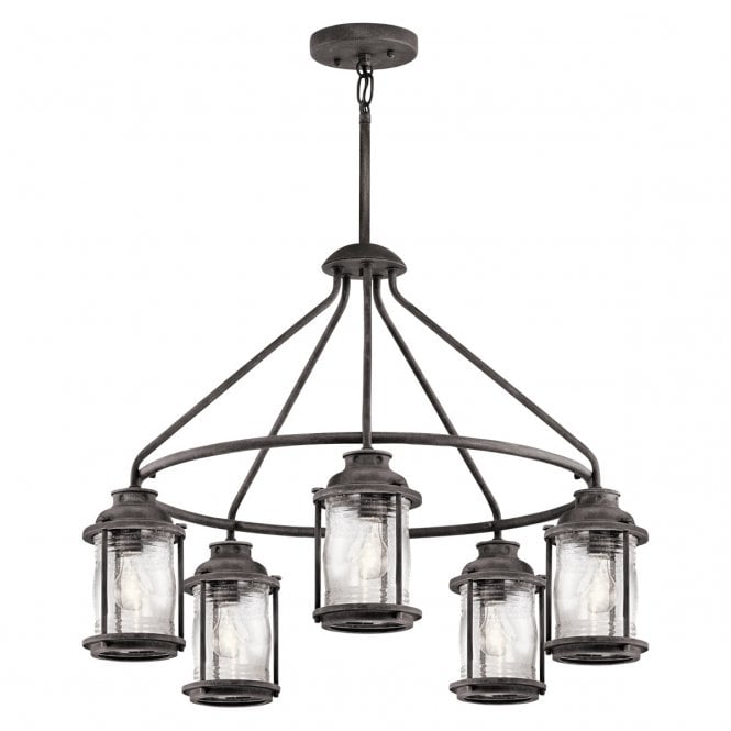 ASHLAND BAY 5 light exterior chandelier in weathered zinc with clear seeded glass