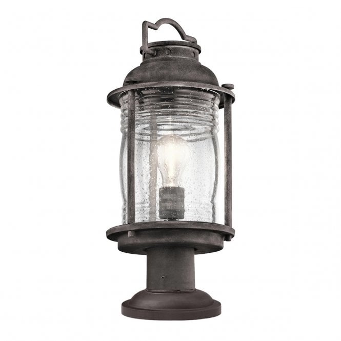 ASHLAND BAY exterior pedestal lantern in weathered zinc with clear seeded glass