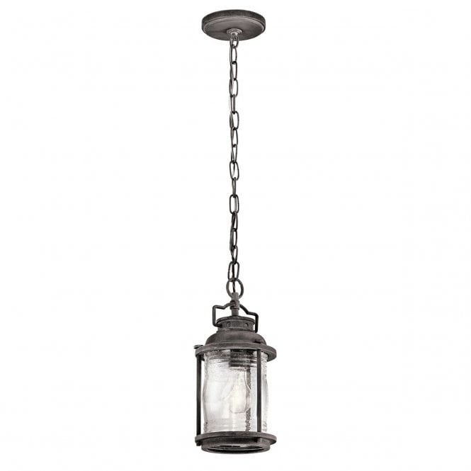 ASHLAND BAY exterior pendant in weathered zinc with clear seeded glass