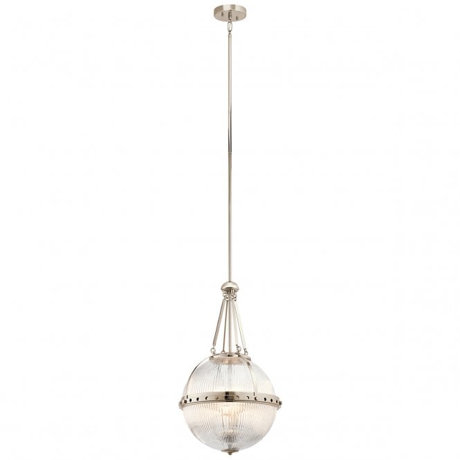 ASTER 3 light deco ceiling pendant in polished nickel with ribbed glass
