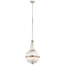 ASTER 3 light deco ceiling pendant in polished nickel with ribbed glass
