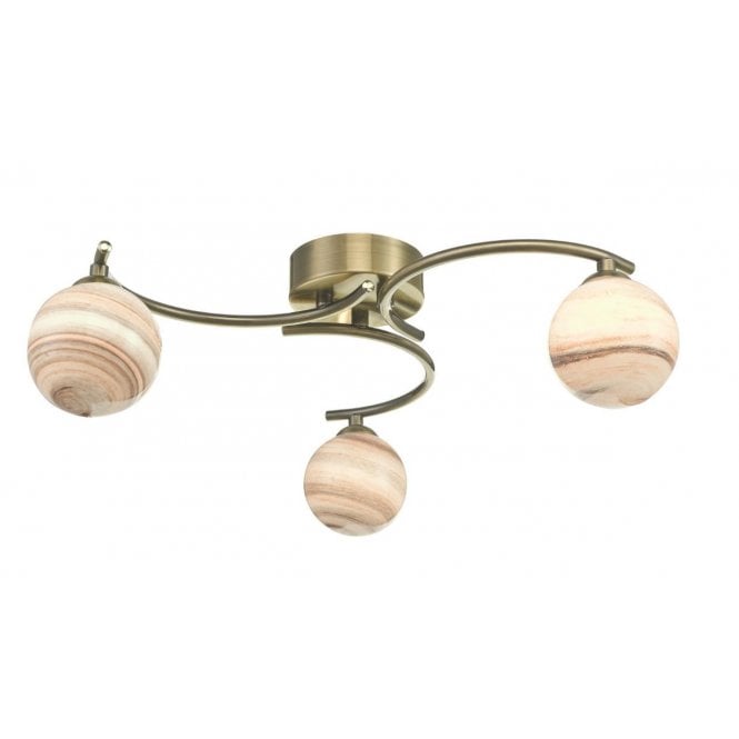 ATIYA 3 Light Semi Flush Ceiling Light Antique Brass with Planet Style Glass