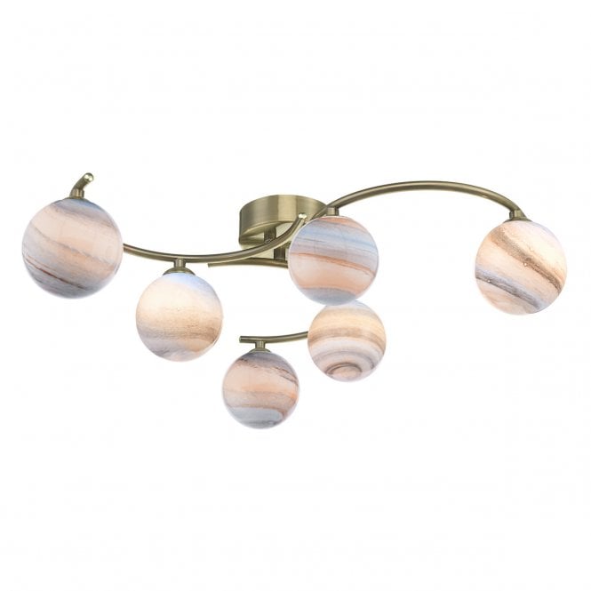 ATIYA 6 Light Semi Flush Ceiling Light Ceiling Light Antique Brass with Planet Art Glass