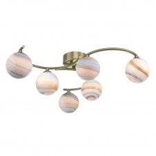 6 Light Semi Flush Ceiling Brass Planet Art Glass Globes