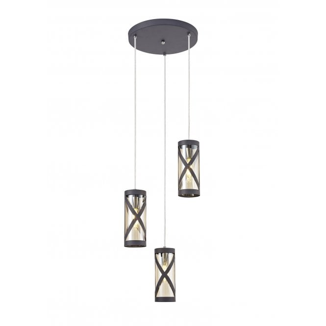 BANDEAU Matt Grey/Polished Chrome/Cognac 3 Light Ceiling Pendant Cluster