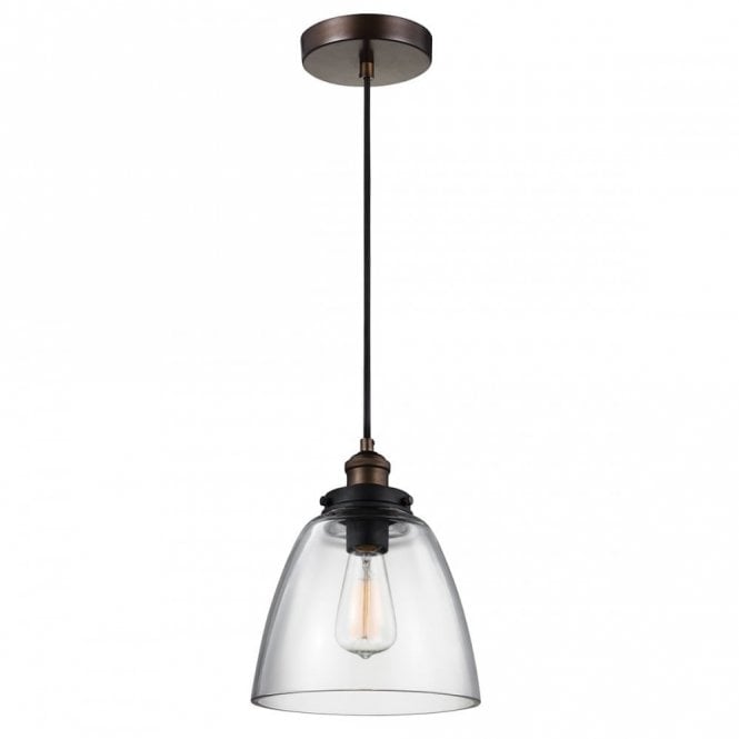 BASKIN single contemporary pendant in aged brass and dark zinc with clear glass shade