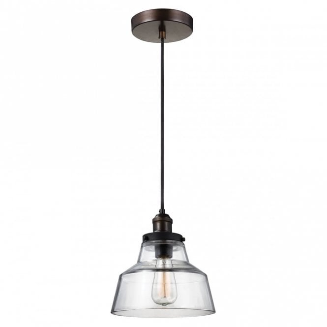 BASKIN single contemporary pendant in aged brass and dark zinc with wide clear glass shade
