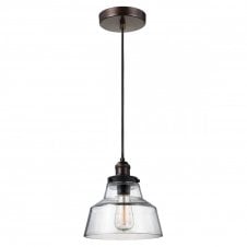 BASKIN single contemporary pendant in aged brass and dark zinc with wide clear glass shade
