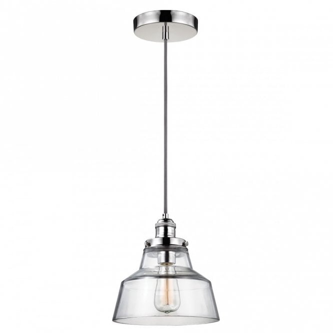 BASKIN single contemporary pendant in polished nickel with wide clear glass shade