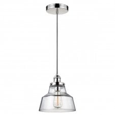 BASKIN single contemporary pendant in polished nickel with wide clear glass shade