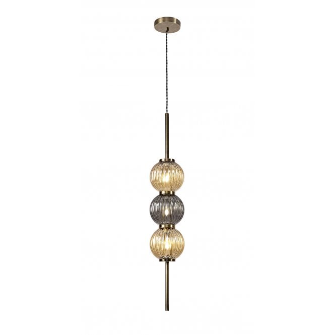 BEADED 3 Light Slim Ceiling Pendant Antique Brass/Smoked & Amber Glass Globes
