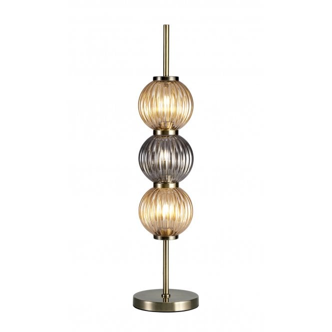 BEADED 3 Light Table Lamp Antique Brass/Smoked & Amber Glass