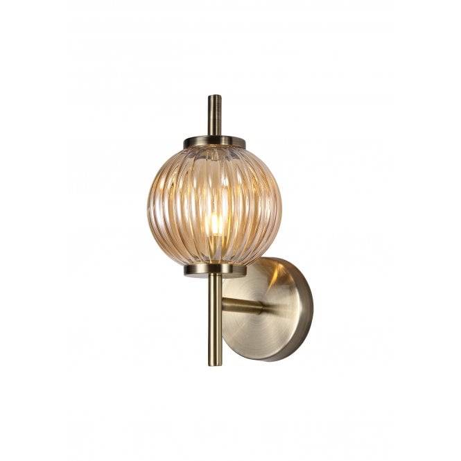 BEADED Wall Light in Antique Brass with Ribbed Amber Glass Globe Shade
