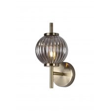 Wall Light Antique Brass Ribbed Smoke Glass Globe Shade