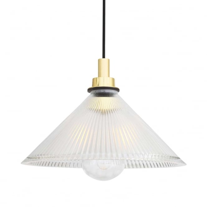 BECK bathroom ceiling pendant in polished brass with tapered holophane glass shade