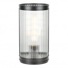 black table lamp with ribbed glass shade