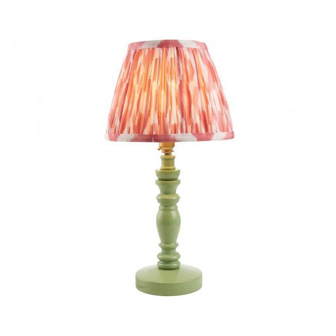 Bibury Cotswold Green Table Lamp with Ikat Shade in Coral Pink
