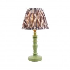 green wooden table lamp with grey ikat pattern shade