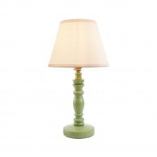 green wooden table lamp with white tapered shade