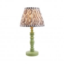 green wooden table lamp with grey ripple pattern shade