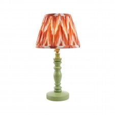 green wooden table lamp with orange zigzag pattern shade