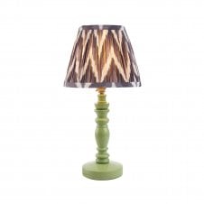 green wooden table lamp with grey zigzag pattern shade