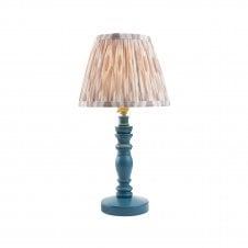 blue wooden table lamp with neutral ikat pattern shade