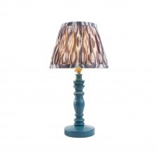 blue wooden table lamp with grey ikat pattern shade