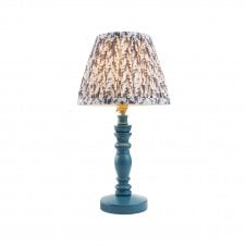 blue wooden table lamp with grey leaf pattern shade
