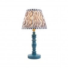 blue wooden table lamp with grey ripple pattern shade