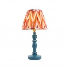 blue wooden table lamp with orange zigzag pattern lampshade