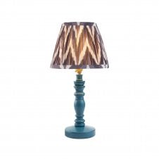 blue wooden table lamp with grey zigzag pattern shade