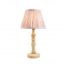 wooden table lamp with peach leaf pattern shade