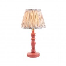 pink wooden table lamp with neutral ikat pattern shade