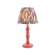 pink wooden table lamp with grey ikat pattern shade