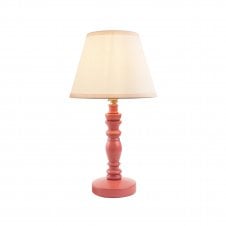 pink wooden table lamp with white tapered shade