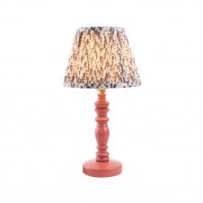 pink wooden table lamp with grey leaf pattern shade
