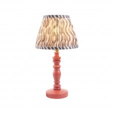 pink wooden table lamp with grey ripple pattern shade
