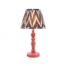 pink wooden table lamp with grey zigzag pattern shade