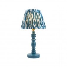 blue table lamp with blue ikat pattern shade