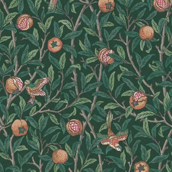 Bird & Pomegranate Deep Green Green Wallpaper
