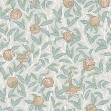 william morris bird & pomegranate wall paper in duck egg blue and orange