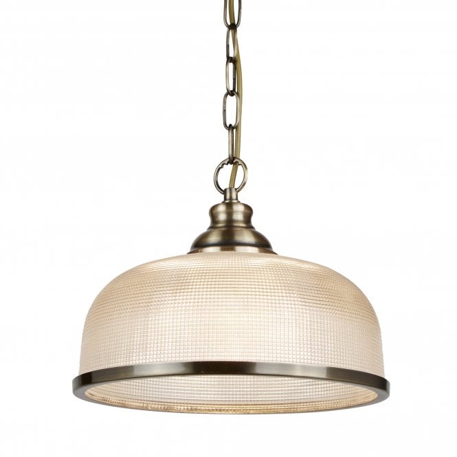 BISTRO II antique brass ceiling pendant light with halophane glass shade