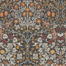 william morris blackthorn wallpaper in charcoal & burnt orange